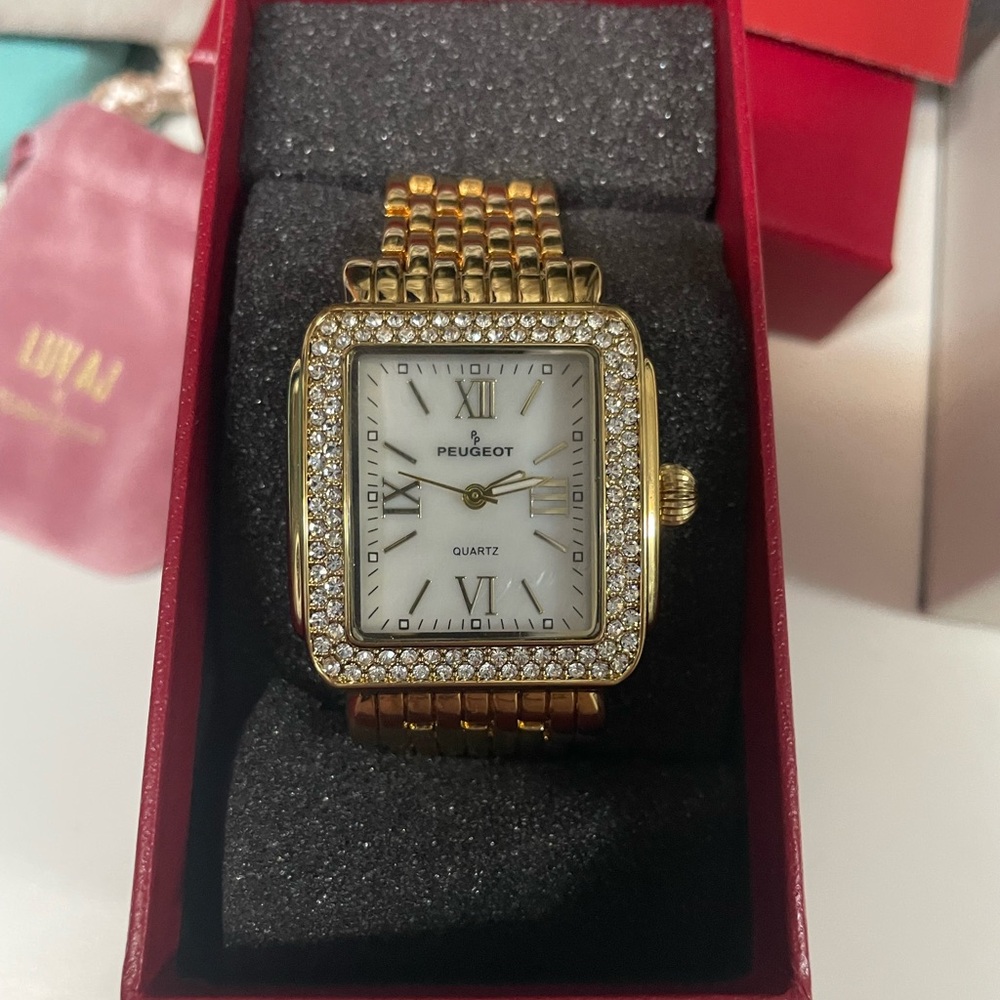 Peugeot Gold Women's Square Watch with Crystal Bezel
